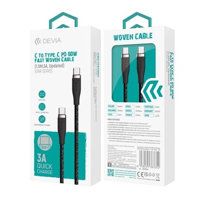 Kabel USB-C - USB-C Devia 60W PD 3.0 150cm nylon oplot