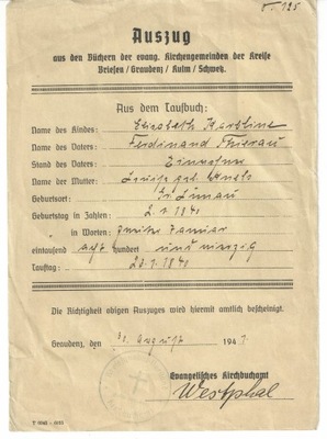 Dokument okupacja niemiecka - Grudziądz 1941