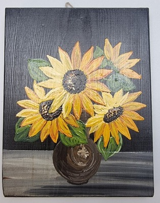 Obrazek słoneczniki malowany ręcznie na desce olejny