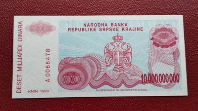 10 MLD DINARÓW REPUBLIKA SERBSKA 1993 st.UNC