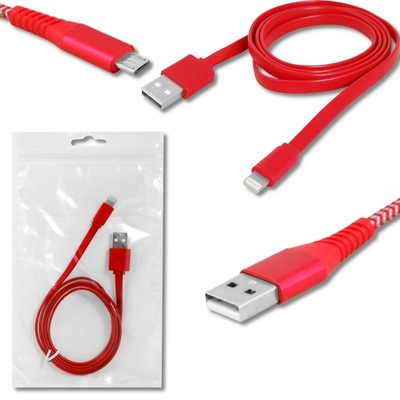 KABEL USB IPHONE CZERWONY 1METR PŁASKI 8 PIN
