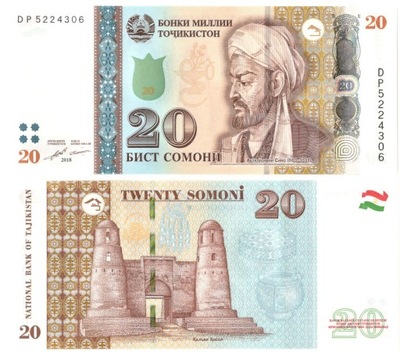 Tadżykistan 20 SOMONI P-25 2018 UNC