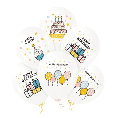 Balony urodzinowe Happy Birthday białe 30 cm 6 szt