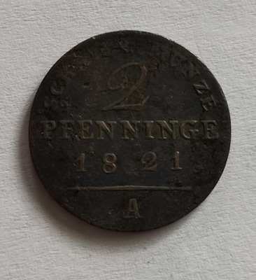 moneta Prusy 2 pfenninge 1821 A