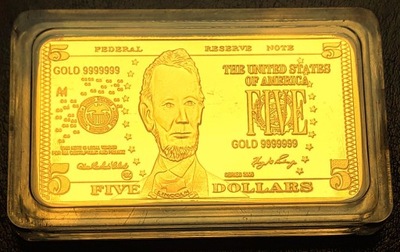 USA ,Sztabka Złota , 5 Dolarów ,999/1000 GOLD ,pozłacana kopia, + GRATIS