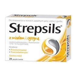 STREPSILS Z MIODEM I CYTRYNĄ 24PASTYLKI DO SSANIA