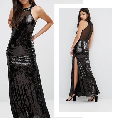 AX PARIS sukienka cekinowa czarna maxi długa 38 M
