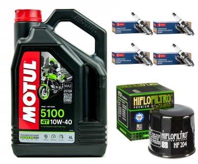 ACEITE MOTUL + FILTRO HF204 + BUJÍAS DENSO U27ESR-N, KAWASAKI ZX-6R, 02-06R.  