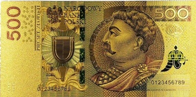 Piękny Pozłacany Banknot 500 złotych JAN III SOBIESKI Unikat Do Kolekcji