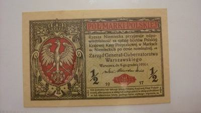 Banknot 1/2 marki Generał 1916 seria B stan 1-