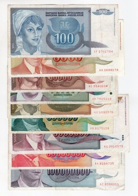 Jugosławia zestaw 9 banknotów 1992-1993