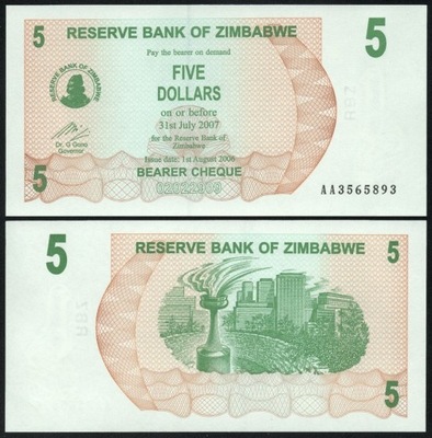 $ Zimbabwe 5 DOLLARS P-38 UNC 2006