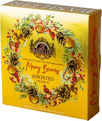 Basilur herbata Merry Berries zestaw świąteczny prezent złoty 40 sasz