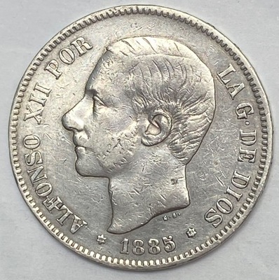 Hiszpania, Alfonso XII 5 Pesetas 1885 srebro *295