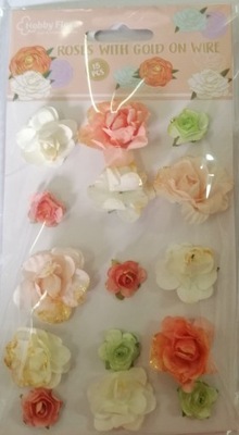Kwiaty Róże papierowe ze złoceniem na drucie 15szt
