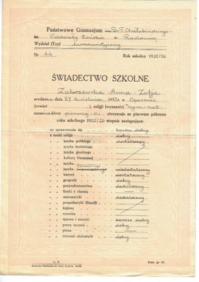 Świadectwo szkolne, Chałubiński RADOM 1935