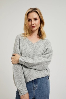 Gładki sweter z dekoltem w serek i ściągaczem szary S od MOODO