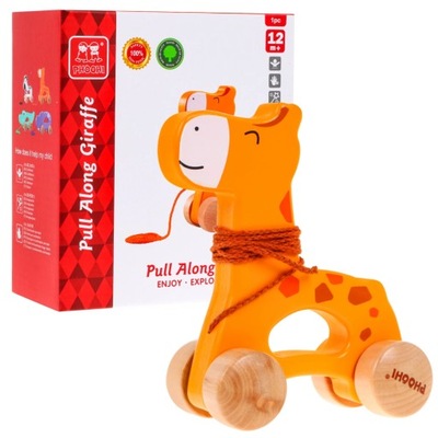 Drewniany jeździk Żyrafa zabawka na kółkach ze sznureczkiem