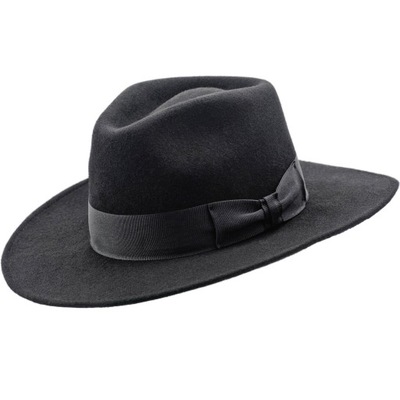 KAPELUSZ FILCOWY Z OWCZEJ WEŁNY CZARNY FEDORA 58 CM