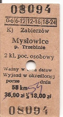 BILET KOLEJOWY -ZABIERZÓW -MYSŁOWICE -osobowy