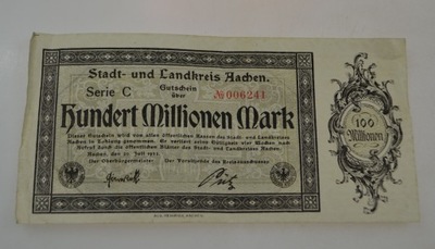 Niemcy - Aachen - banknot - 100 Milionów Marek - 1923 rok