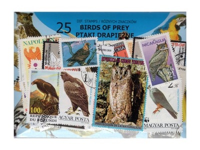 Pakiet 25 znaczków pocztowych - PTAKI DRAPIEŻNE