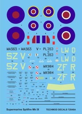 1:72 Kalkomania Spitfire F.IX TECHMOD 72048