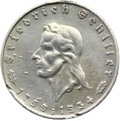 2 REICHSMARK III RZESZA 1934 F FRIEDRICH SCHILLER RZADSZA