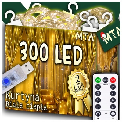 KURTYNA ŚWIETLNA 300 LED CIEPŁE 3x3 USB ŚWIĄTECZNE CHOINKOWE GIRLANDA PILOT
