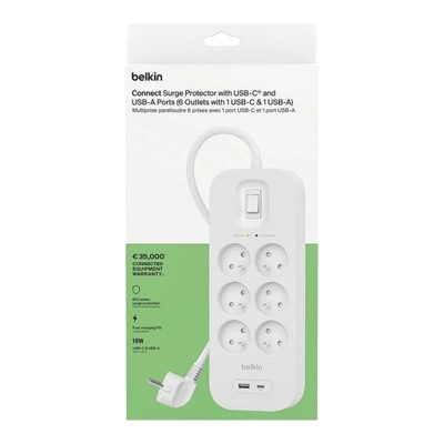 Belkin 2M, 6-portowa listwa + 1xUSB-A 1xUSB-C 650J