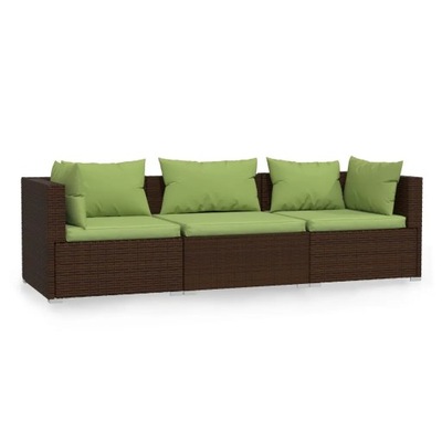 Sofa 3-osobowa rattanowa brązowa zielone poduszki 70x70x60.5cm