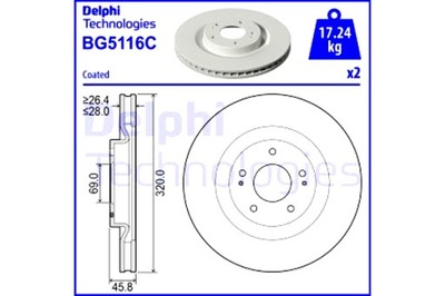 DELPHI ДИСКИ ТОРМОЗНЫЕ ТОРМОЗНЫЕ 2 ШТУКИ. DELPHI BG5116C MITSUBISHI ECLIPSE CROSS