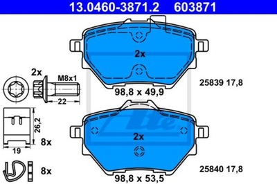 ATE 13.0460-3871.2 ZAPATAS DE FRENADO PARTE TRASERA OPEL COMBO/GRANDLAND 1,2-2,0 D 17-  