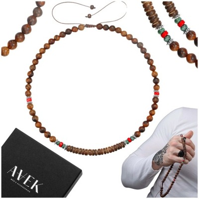 NASZYJNIK MĘSKI KORALIKOWY Z CIEMNEGO DREWNA REGULOWANY DREWNIANY KORALIKI