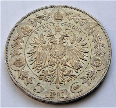 Austro Węgry 5 Koron1907r. - srebro,około mennicza