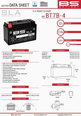 BS BATERÍA BT7B-4 (FA) (YT7B4) 12V 6,5AH 148X64  