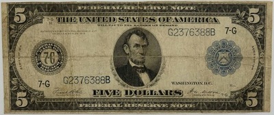 9.di.USA, 5 Dolarów 1914 rzadki, FR NOTE, St.3+