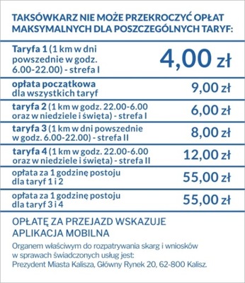 Cennik taxi taryfy opłaty przewóz KALISZ 4,00 24h