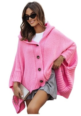 Sweter poncho damskie z kapturem różowy