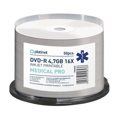 PLATINET DVD-R 4,7GB 16X FF WHITE INKJET PRINTABLE MEDICAL PRO CAKE*50