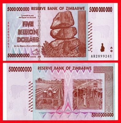 ZIMBABWE 5 BILLION DOLLARS 5000000000 DOLLARS 2008 P-84a UNC