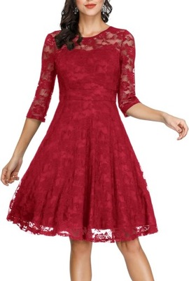 Czerwona koronkowa sukienka koktajlowa rozkloszowana L 40