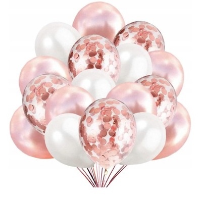 BALONY ROSE GOLD KONFETTI BIAŁE MIX 15 sztuk