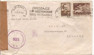 WARSZAWA -WIEDEŃ -CENZOR NR 825 -koperta-obieg 1952 rok
