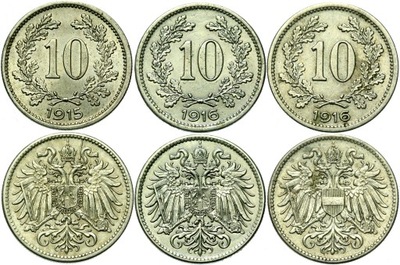 Austria zestaw 3 monet 10 Heller 1915-1916 komplet