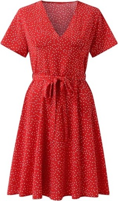 Czerwona sukienka z wiązaniem pasek kropki L 40