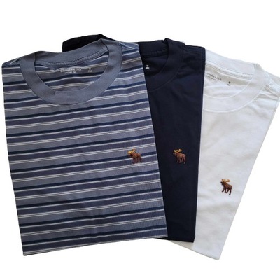 3x t-shirt Hollister koszulka XL 3PAK abercrombie paski granatowa biała