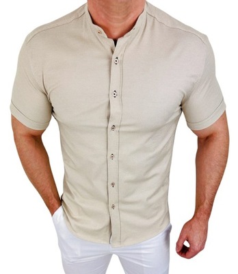Bezowa koszula meska z krotkim rekawem slim fit oxford 2055 L