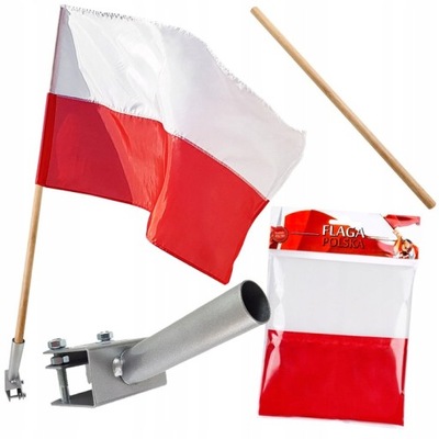 FLAGA POLSKI ZESTAW BALKONOWY KIJ DRZEWIEC UCHWYT