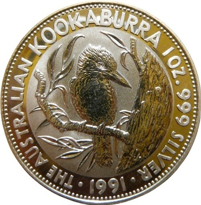 5$ AUSTRALIA 1991 PTAK KOOKABURRA ZIMORODEK Ag 999 Oz